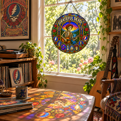 Grateful Dead Stained Glass Suncatcher – Skeleton Guitarist, Roses & Steal Your Face Window Hanging, Psychedelic Deadhead Gift