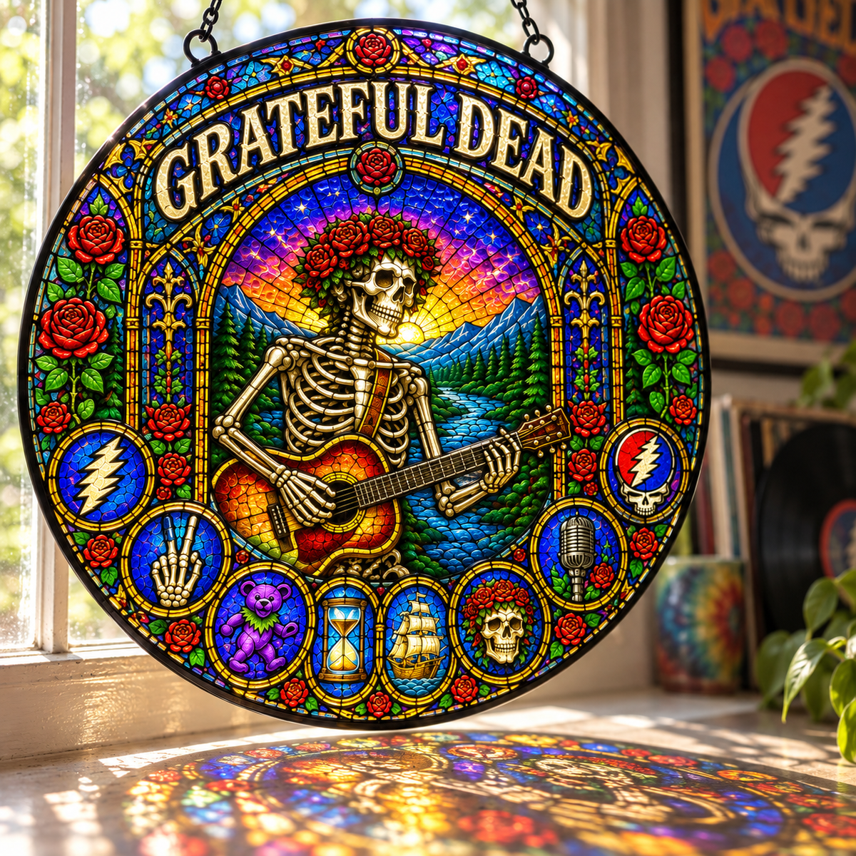 Grateful Dead Stained Glass Suncatcher – Skeleton Guitarist, Roses & Steal Your Face Window Hanging, Psychedelic Deadhead Gift