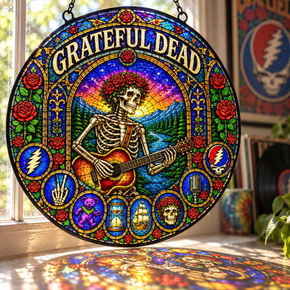 Grateful Dead Stained Glass Suncatcher – Skeleton Guitarist, Roses & Steal Your Face Window Hanging, Psychedelic Deadhead Gift