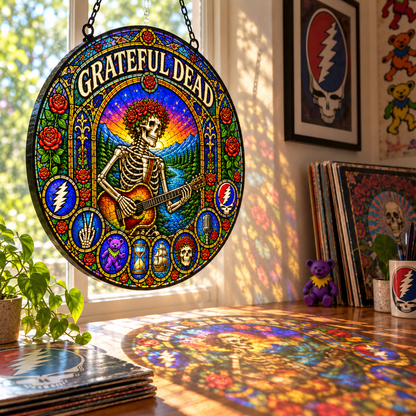 Grateful Dead Stained Glass Suncatcher – Skeleton Guitarist, Roses & Steal Your Face Window Hanging, Psychedelic Deadhead Gift
