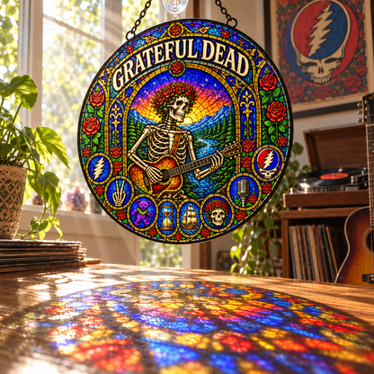 Grateful Dead Stained Glass Suncatcher – Skeleton Guitarist, Roses & Steal Your Face Window Hanging, Psychedelic Deadhead Gift