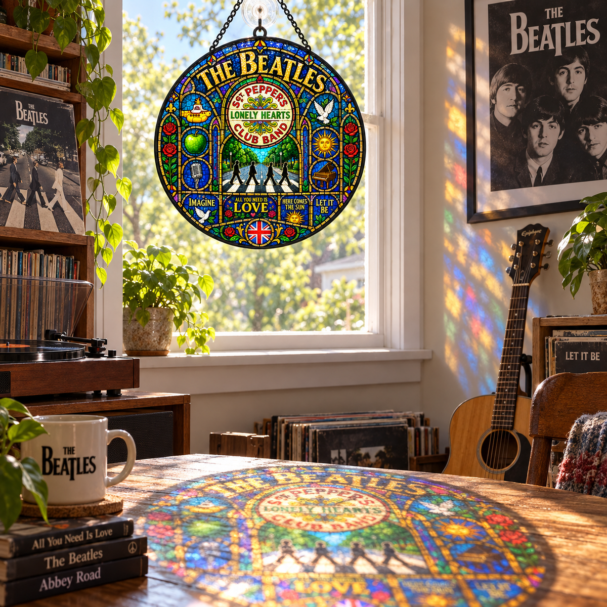 The Beatles Stained Glass Suncatcher – Abbey Road & Sgt. Pepper Window Hanging, Yellow Submarine Rock Decor, Beatles Fan Gift