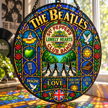 The Beatles Stained Glass Suncatcher – Abbey Road & Sgt. Pepper Window Hanging, Yellow Submarine Rock Decor, Beatles Fan Gift