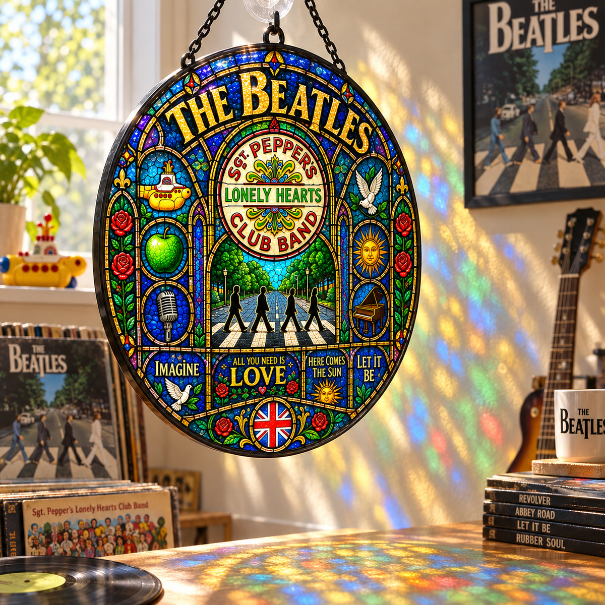 The Beatles Stained Glass Suncatcher – Abbey Road & Sgt. Pepper Window Hanging, Yellow Submarine Rock Decor, Beatles Fan Gift