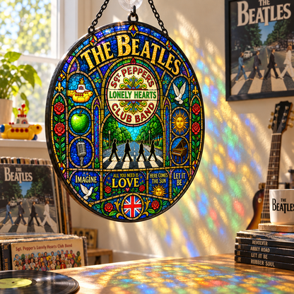 The Beatles Stained Glass Suncatcher – Abbey Road & Sgt. Pepper Window Hanging, Yellow Submarine Rock Decor, Beatles Fan Gift
