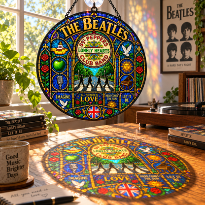 The Beatles Stained Glass Suncatcher – Abbey Road & Sgt. Pepper Window Hanging, Yellow Submarine Rock Decor, Beatles Fan Gift