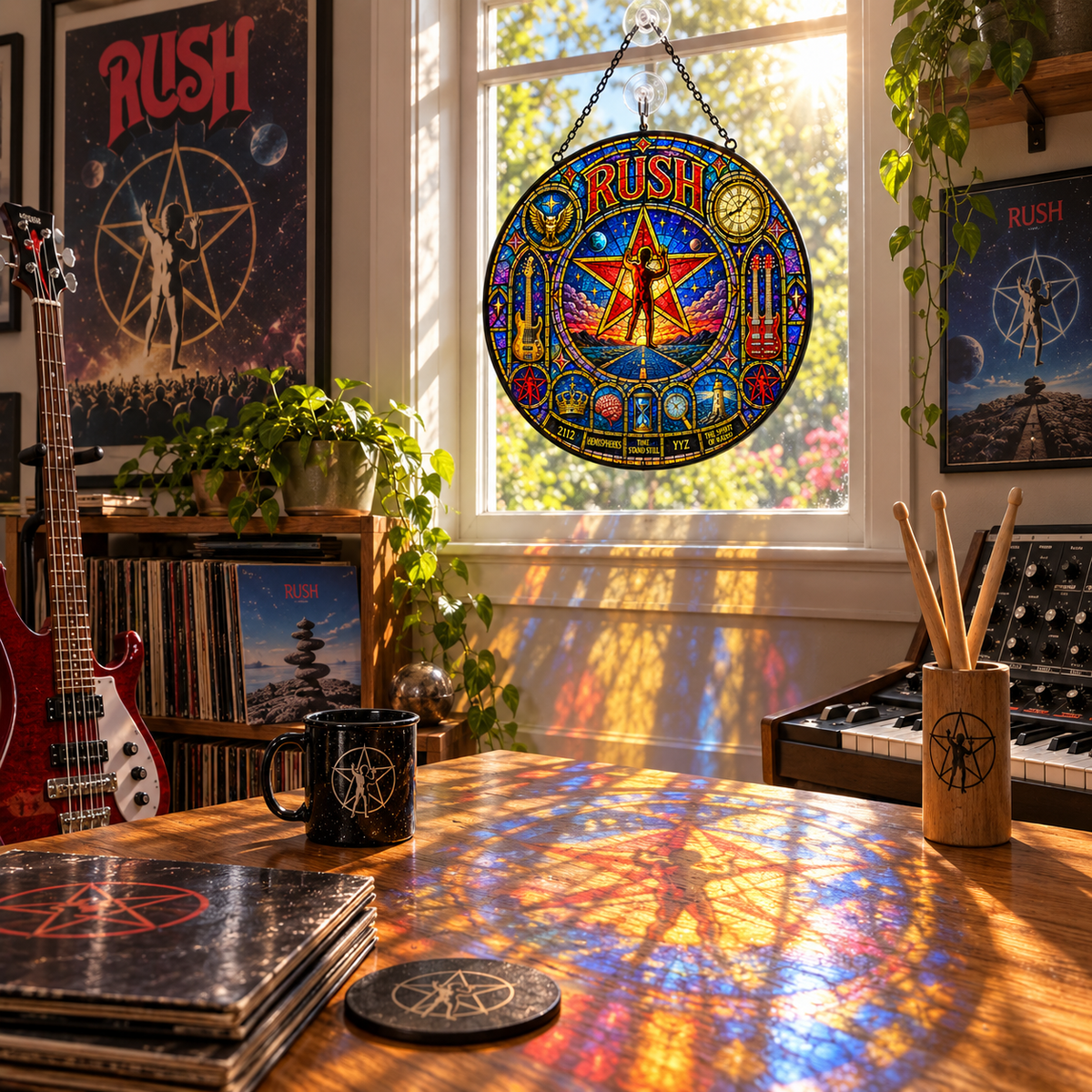 Rush Stained Glass Suncatcher – 2112 Starman Window Hanging, Hemispheres & Spirit of Radio Rock Decor, Progressive Rock Fan Gift
