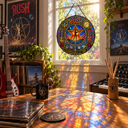 Rush Stained Glass Suncatcher – 2112 Starman Window Hanging, Hemispheres & Spirit of Radio Rock Decor, Progressive Rock Fan Gift