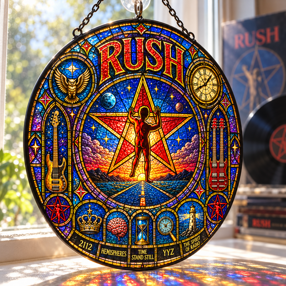 Rush Stained Glass Suncatcher – 2112 Starman Window Hanging, Hemispheres & Spirit of Radio Rock Decor, Progressive Rock Fan Gift
