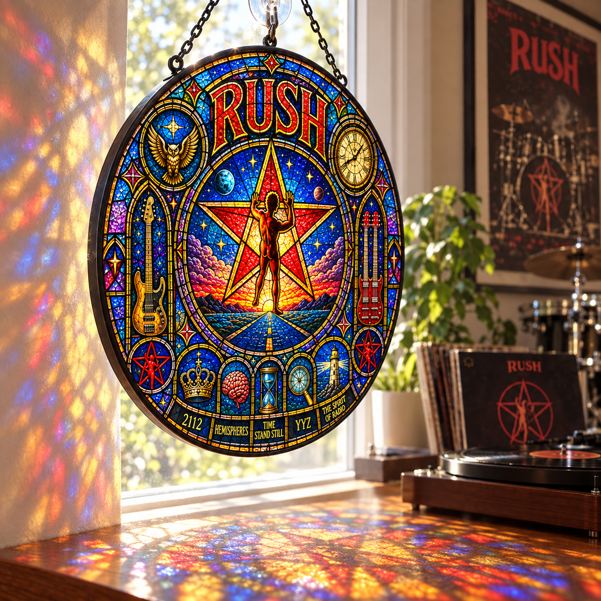Rush Stained Glass Suncatcher – 2112 Starman Window Hanging, Hemispheres & Spirit of Radio Rock Decor, Progressive Rock Fan Gift