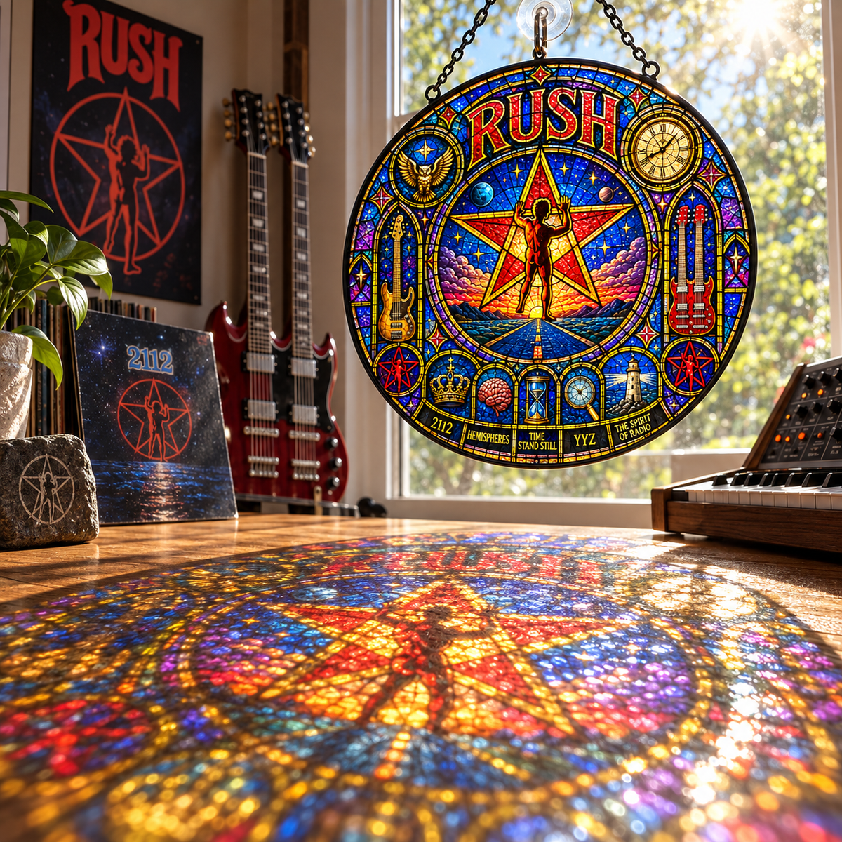 Rush Stained Glass Suncatcher – 2112 Starman Window Hanging, Hemispheres & Spirit of Radio Rock Decor, Progressive Rock Fan Gift