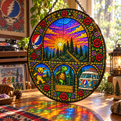 Grateful Dead Terrapin Station Stained Glass Suncatcher – Dancing Bear, Steal Your Face & Hippie Van Window Hanging, Deadhead Gift