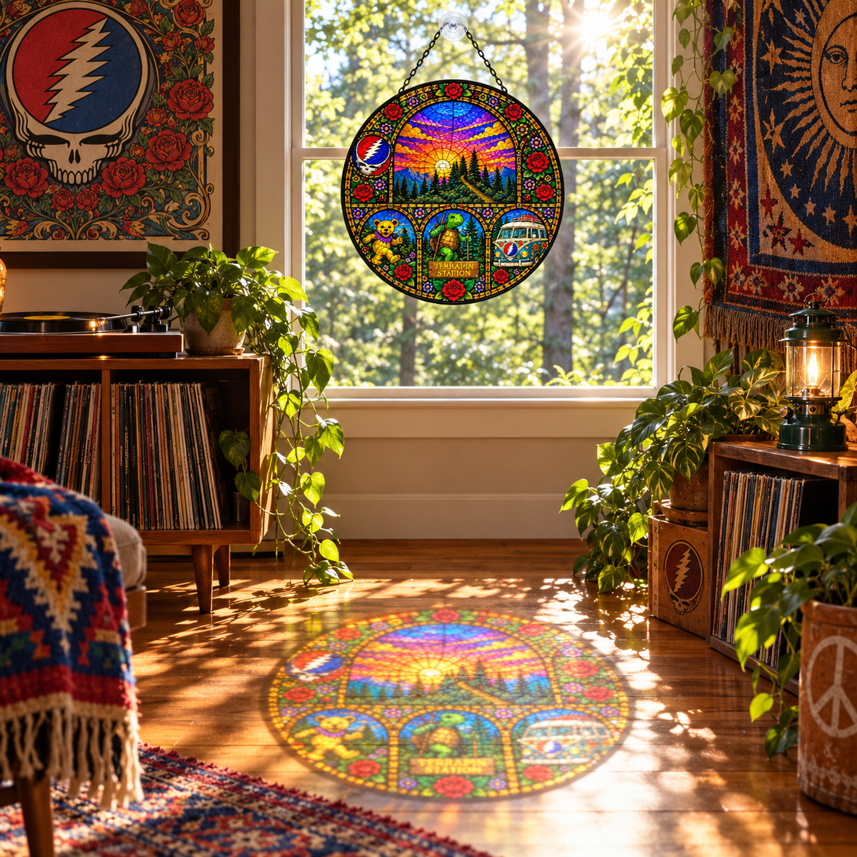 Grateful Dead Terrapin Station Stained Glass Suncatcher – Dancing Bear, Steal Your Face & Hippie Van Window Hanging, Deadhead Gift