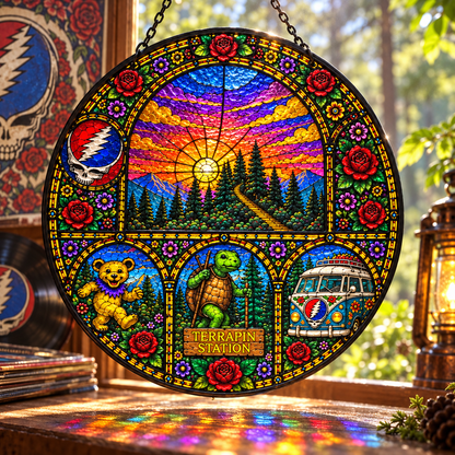 Grateful Dead Terrapin Station Stained Glass Suncatcher – Dancing Bear, Steal Your Face & Hippie Van Window Hanging, Deadhead Gift