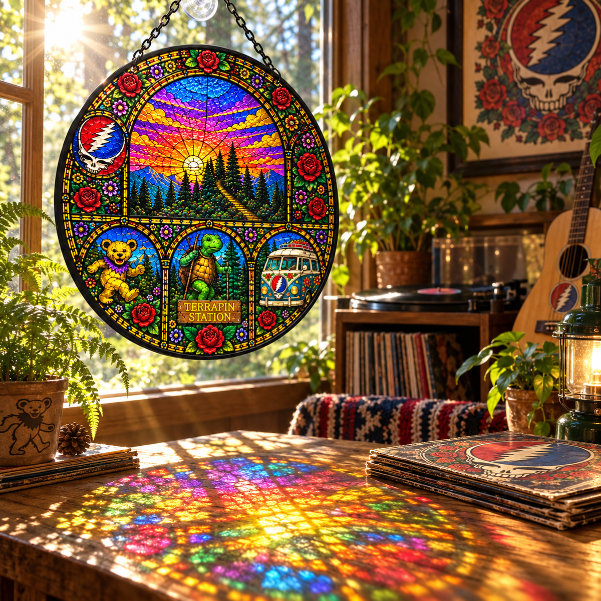 Grateful Dead Terrapin Station Stained Glass Suncatcher – Dancing Bear, Steal Your Face & Hippie Van Window Hanging, Deadhead Gift