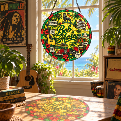 Bob Marley Stained Glass Suncatcher – One Love, Exodus & Jamaica Reggae Window Hanging, Rasta Tropical Music Decor, Bob Marley Fan Gift