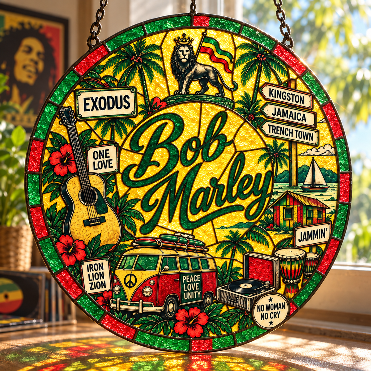 Bob Marley Stained Glass Suncatcher – One Love, Exodus & Jamaica Reggae Window Hanging, Rasta Tropical Music Decor, Bob Marley Fan Gift