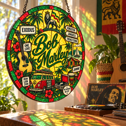 Bob Marley Stained Glass Suncatcher – One Love, Exodus & Jamaica Reggae Window Hanging, Rasta Tropical Music Decor, Bob Marley Fan Gift