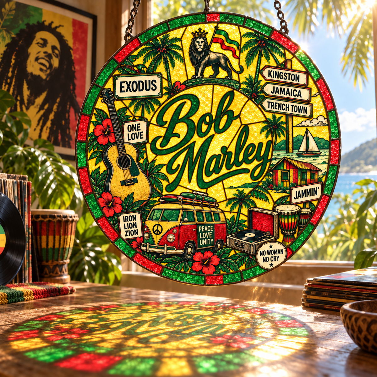 Bob Marley Stained Glass Suncatcher – One Love, Exodus & Jamaica Reggae Window Hanging, Rasta Tropical Music Decor, Bob Marley Fan Gift