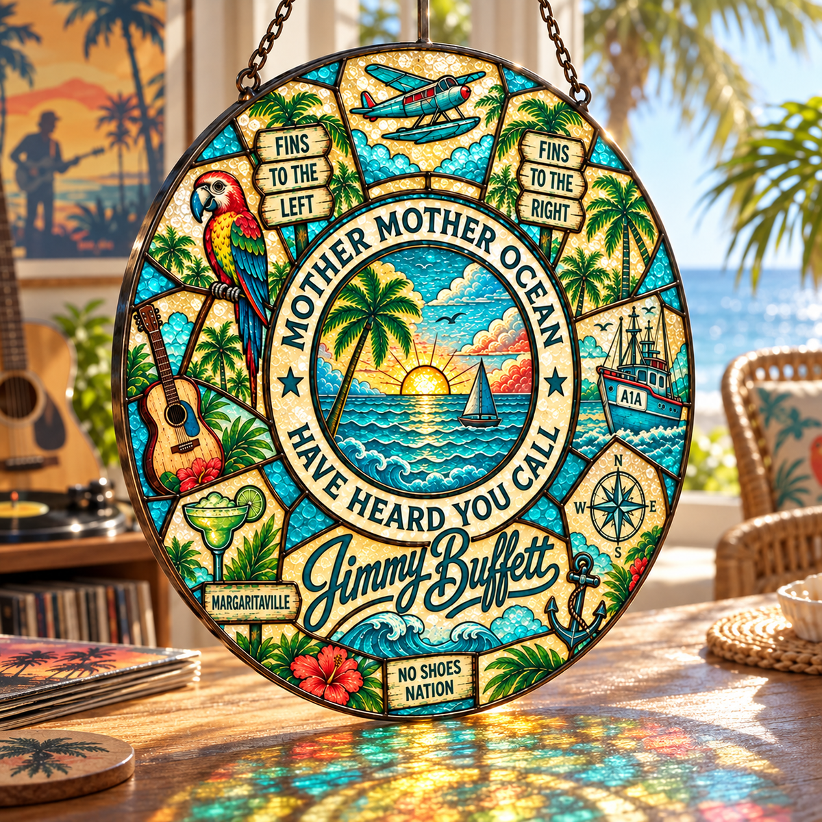 Jimmy Buffett Stained Glass Suncatcher – Margaritaville Tropical Window Hanging, Mother Mother Ocean Parrot Beach Decor, Parrothead Gift