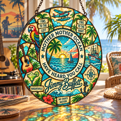 Jimmy Buffett Stained Glass Suncatcher – Margaritaville Tropical Window Hanging, Mother Mother Ocean Parrot Beach Decor, Parrothead Gift
