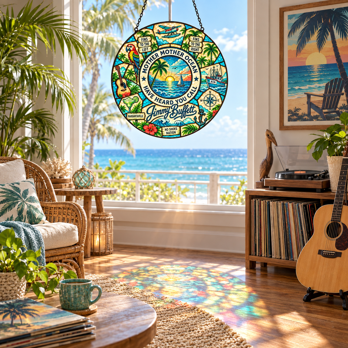 Jimmy Buffett Stained Glass Suncatcher – Margaritaville Tropical Window Hanging, Mother Mother Ocean Parrot Beach Decor, Parrothead Gift