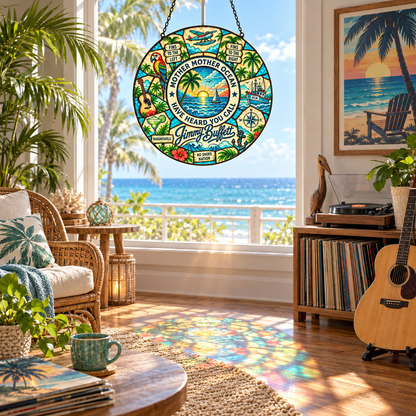 Jimmy Buffett Stained Glass Suncatcher – Margaritaville Tropical Window Hanging, Mother Mother Ocean Parrot Beach Decor, Parrothead Gift