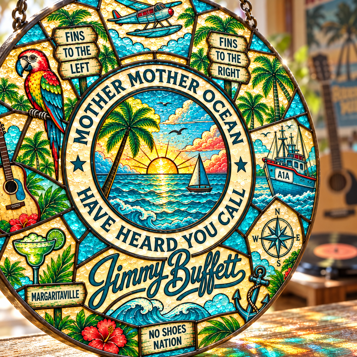 Jimmy Buffett Stained Glass Suncatcher – Margaritaville Tropical Window Hanging, Mother Mother Ocean Parrot Beach Decor, Parrothead Gift
