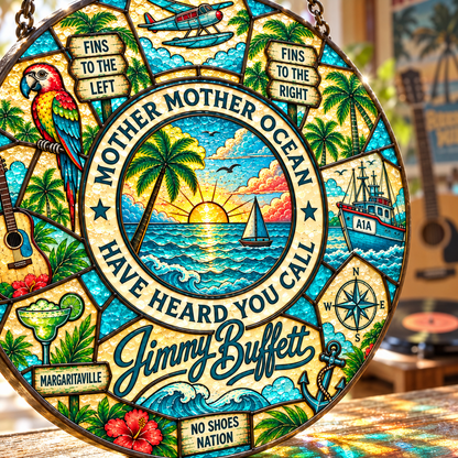 Jimmy Buffett Stained Glass Suncatcher – Margaritaville Tropical Window Hanging, Mother Mother Ocean Parrot Beach Decor, Parrothead Gift