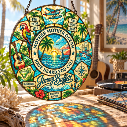 Jimmy Buffett Stained Glass Suncatcher – Margaritaville Tropical Window Hanging, Mother Mother Ocean Parrot Beach Decor, Parrothead Gift