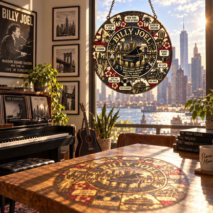 Billy Joel Stained Glass Suncatcher – Piano Man & New York State of Mind Window Hanging, Classic Rock Music Decor, Billy Joel Fan Gift