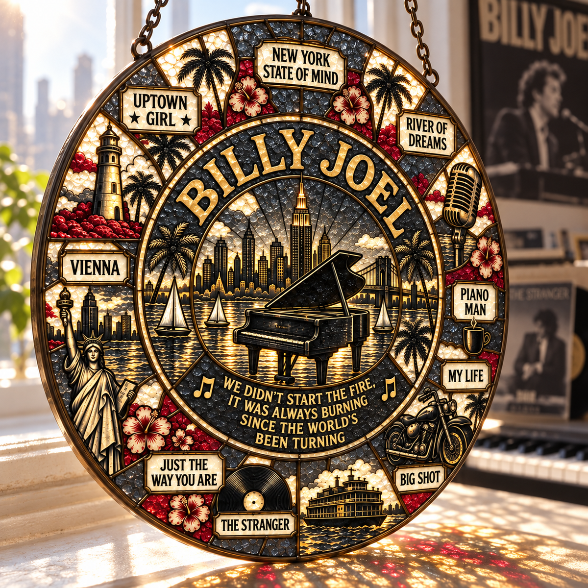 Billy Joel Stained Glass Suncatcher – Piano Man & New York State of Mind Window Hanging, Classic Rock Music Decor, Billy Joel Fan Gift