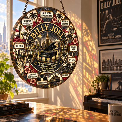 Billy Joel Stained Glass Suncatcher – Piano Man & New York State of Mind Window Hanging, Classic Rock Music Decor, Billy Joel Fan Gift