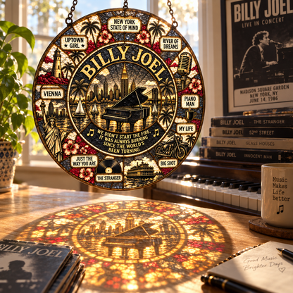 Billy Joel Stained Glass Suncatcher – Piano Man & New York State of Mind Window Hanging, Classic Rock Music Decor, Billy Joel Fan Gift