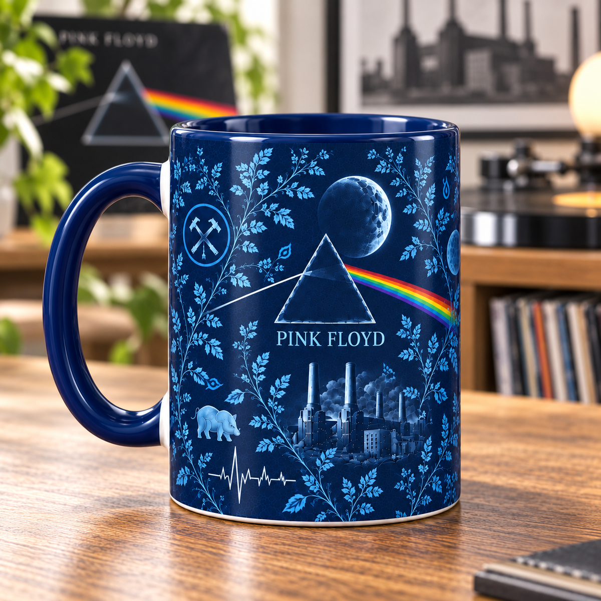 Pink Floyd Blue Botanical Mug – Dark Side Prism, Animals & Battersea Power Station Coffee Cup, Progressive Rock Collector Gift