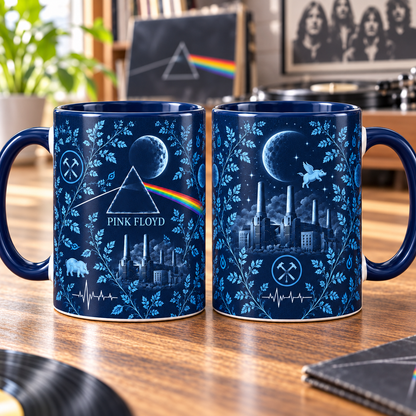 Pink Floyd Blue Botanical Mug – Dark Side Prism, Animals & Battersea Power Station Coffee Cup, Progressive Rock Collector Gift