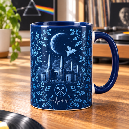 Pink Floyd Blue Botanical Mug – Dark Side Prism, Animals & Battersea Power Station Coffee Cup, Progressive Rock Collector Gift