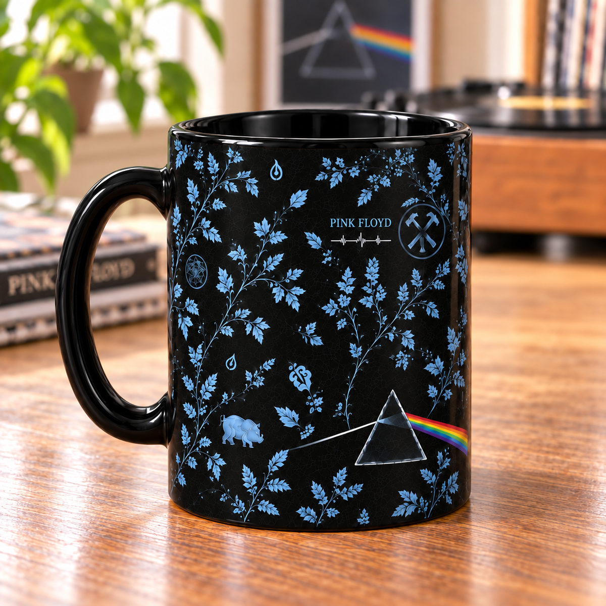 Pink Floyd Botanical Mug – Dark Side of the Moon Prism & Animals Black Coffee Cup, Blue Floral Progressive Rock Gift