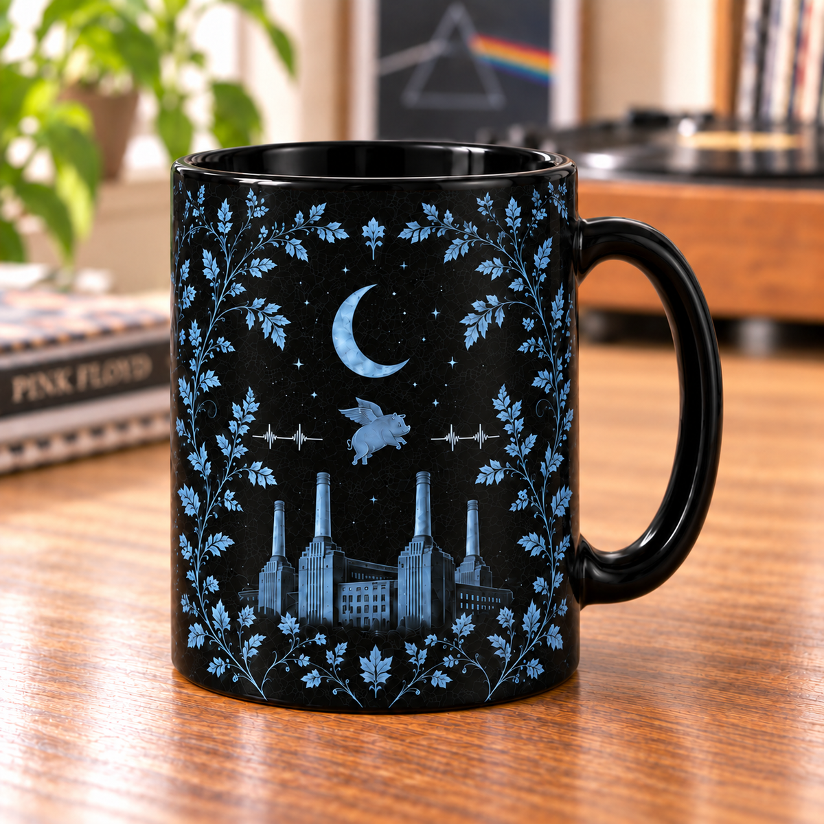 Pink Floyd Botanical Mug – Dark Side of the Moon Prism & Animals Black Coffee Cup, Blue Floral Progressive Rock Gift