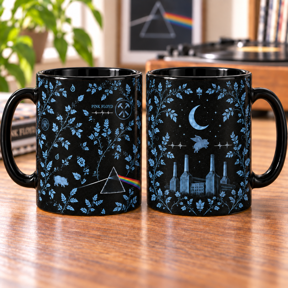 Pink Floyd Botanical Mug – Dark Side of the Moon Prism & Animals Black Coffee Cup, Blue Floral Progressive Rock Gift