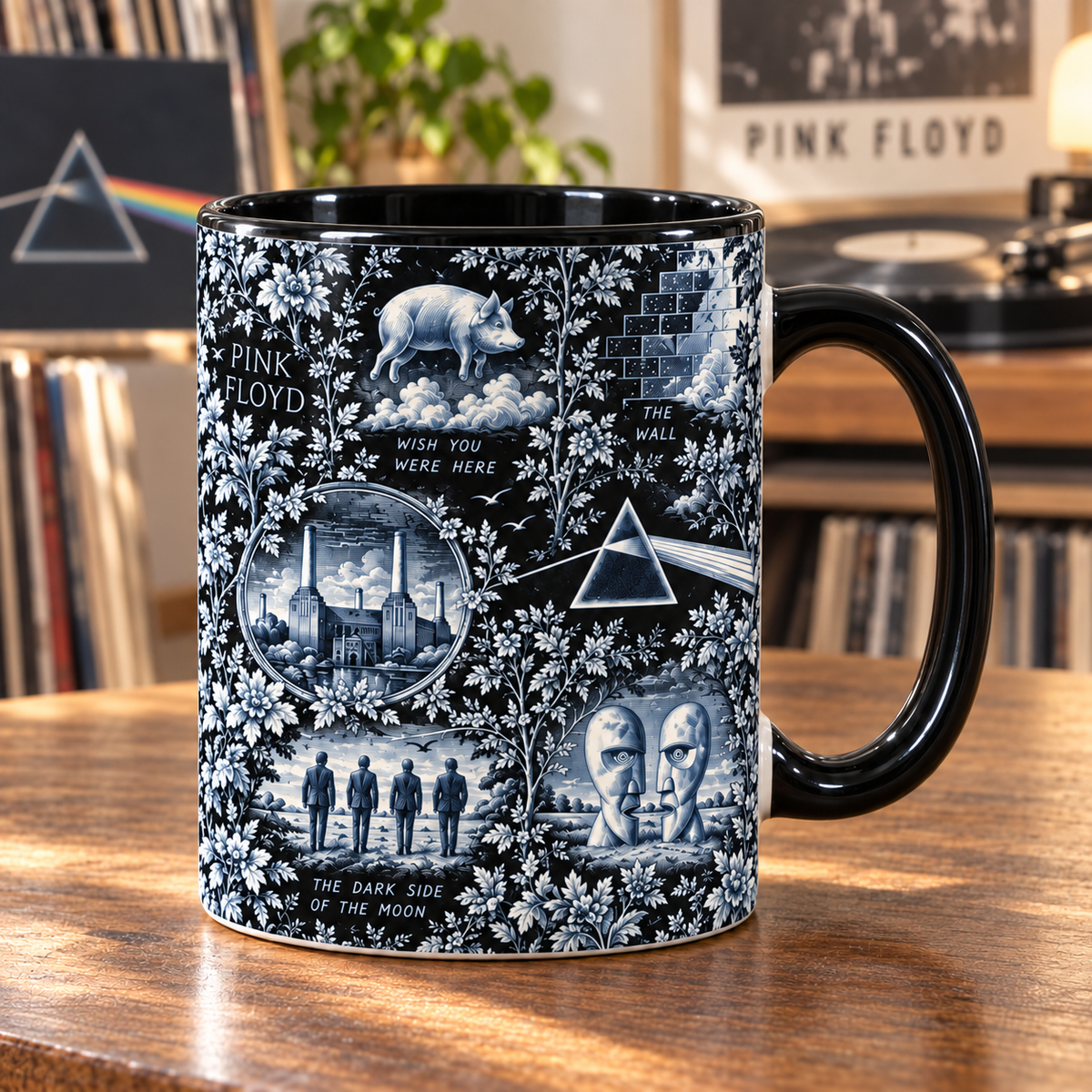 Pink Floyd Monochrome Botanical Mug – Dark Side Prism, The Wall & Division Bell Coffee Cup, Vintage Progressive Rock Fan Gift