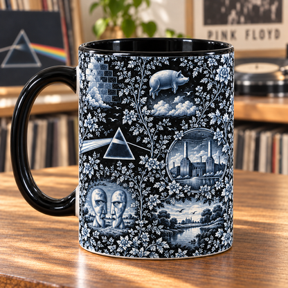 Pink Floyd Monochrome Botanical Mug – Dark Side Prism, The Wall & Division Bell Coffee Cup, Vintage Progressive Rock Fan Gift