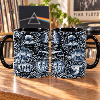 Pink Floyd Monochrome Botanical Mug – Dark Side Prism, The Wall & Division Bell Coffee Cup, Vintage Progressive Rock Fan Gift
