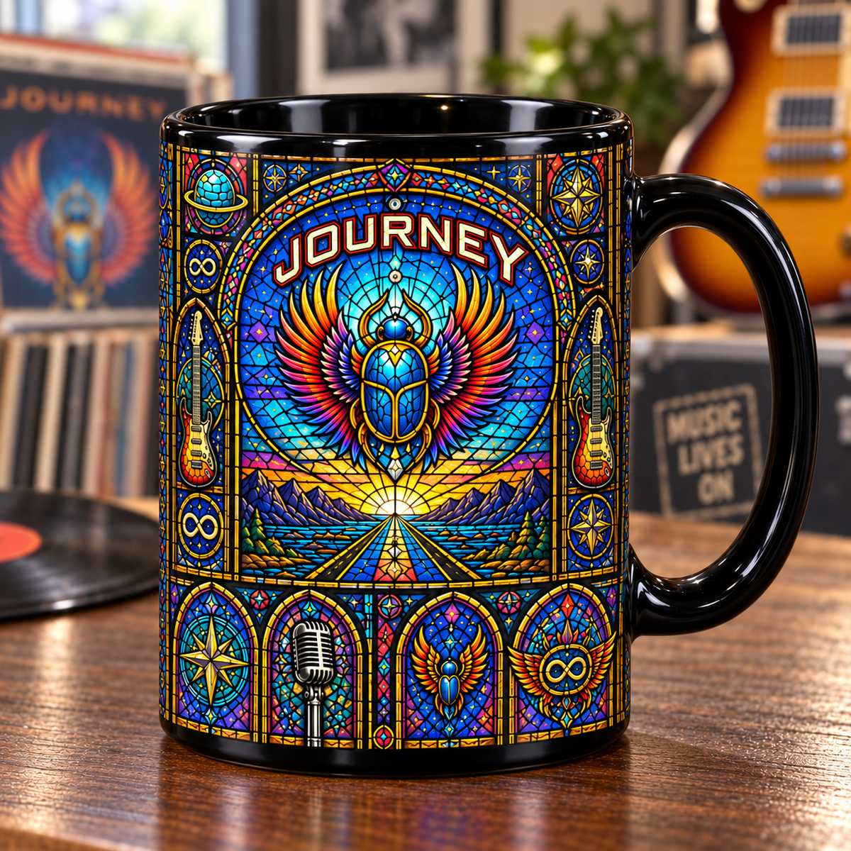 Journey Stained Glass Mug – Winged Scarab & Infinity Symbol Coffee Cup, Colorful Classic Rock Art Mug, Journey Fan Gift