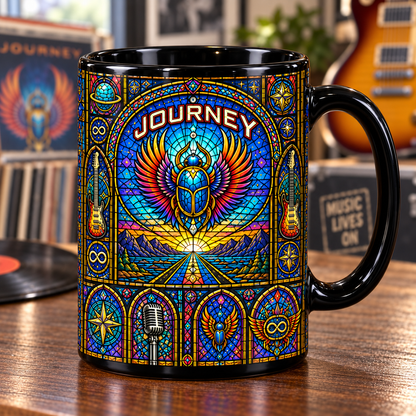 Journey Stained Glass Mug – Winged Scarab & Infinity Symbol Coffee Cup, Colorful Classic Rock Art Mug, Journey Fan Gift