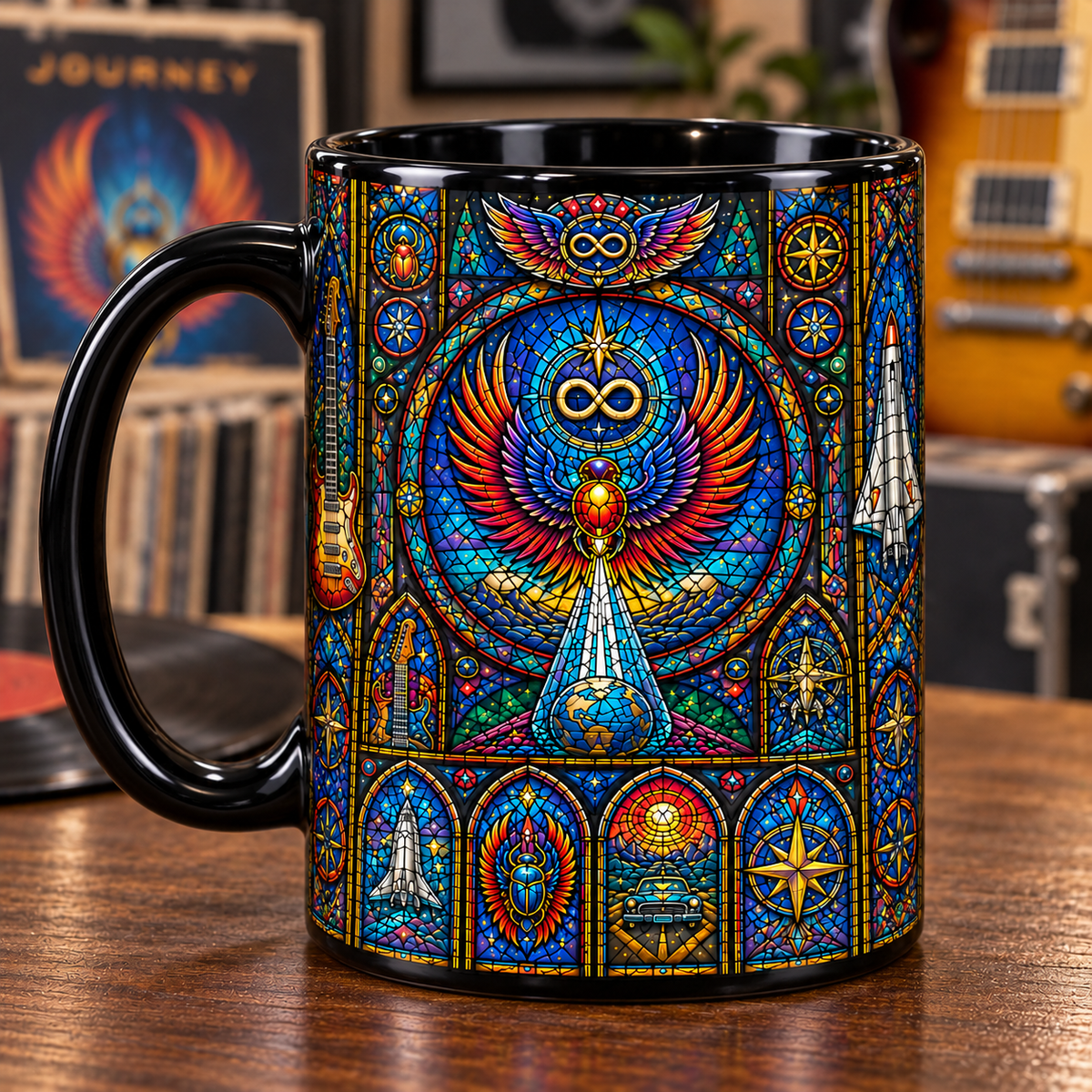 Journey Stained Glass Mug – Winged Scarab & Infinity Symbol Coffee Cup, Colorful Classic Rock Art Mug, Journey Fan Gift