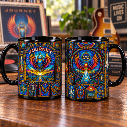 Journey Stained Glass Mug – Winged Scarab & Infinity Symbol Coffee Cup, Colorful Classic Rock Art Mug, Journey Fan Gift