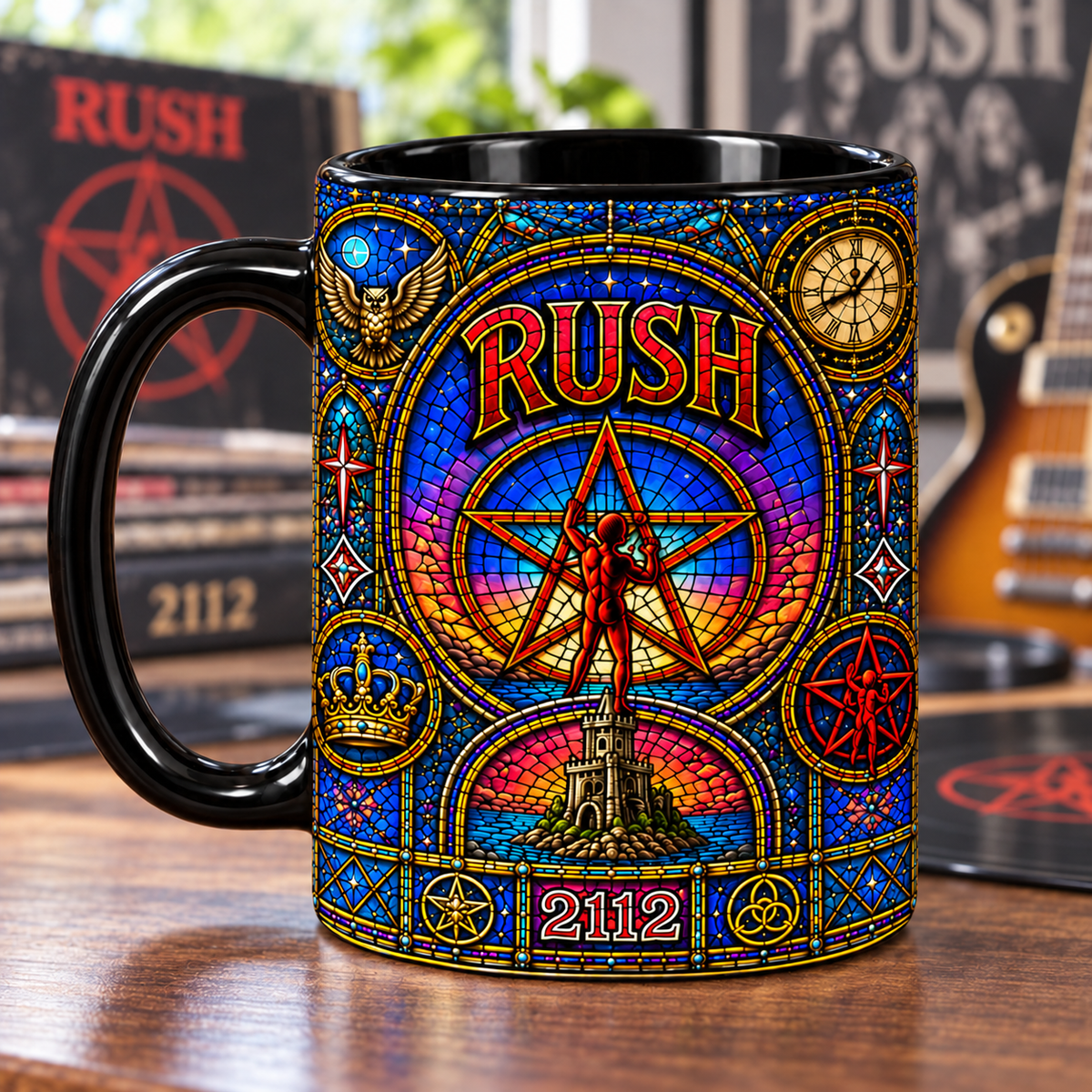 Rush 2112 Stained Glass Mug – Starman Progressive Rock Coffee Cup, Colorful Cathedral Art Mug, Rush Fan Gift