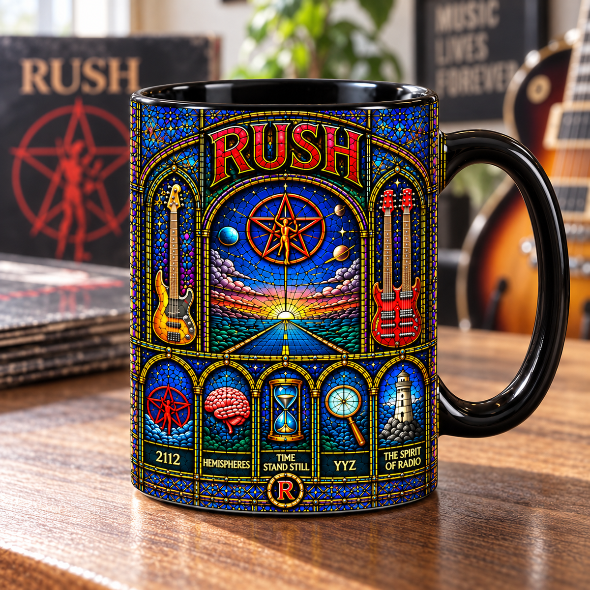 Rush 2112 Stained Glass Mug – Starman Progressive Rock Coffee Cup, Colorful Cathedral Art Mug, Rush Fan Gift