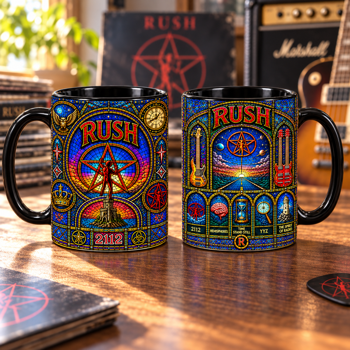 Rush 2112 Stained Glass Mug – Starman Progressive Rock Coffee Cup, Colorful Cathedral Art Mug, Rush Fan Gift